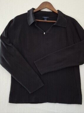 Women's Westbound Black Ribbed Knit Sweater Polo V-Neck Long Sleeve Sz XL